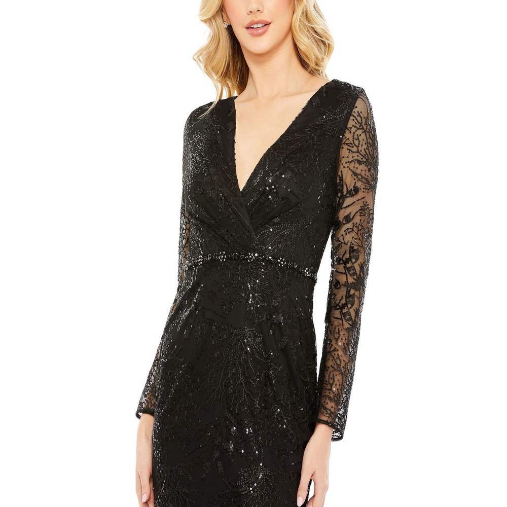 Mac Duggal Sequin Embroidered Long Sleeve V-Neck Gown Black Size 20 #68016